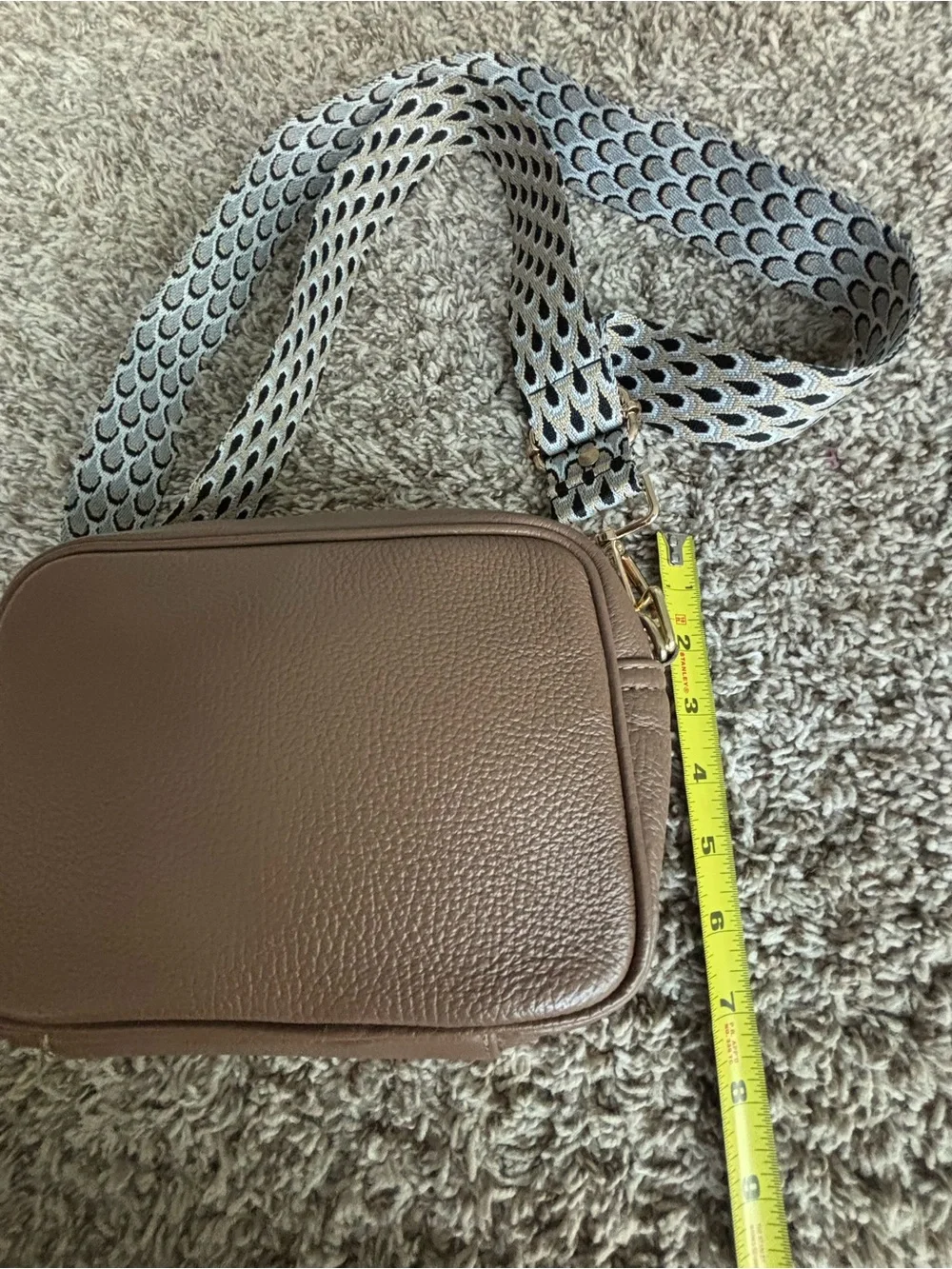 Everyday Crossbody Bag Pom Pom London Elie Beaumont  Taupe Patterned Strap nwot
